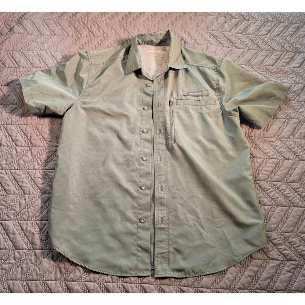 Eddie Bauer Mens Medium Green Ripstop Short Sleeve Hiking Button Up Shirt